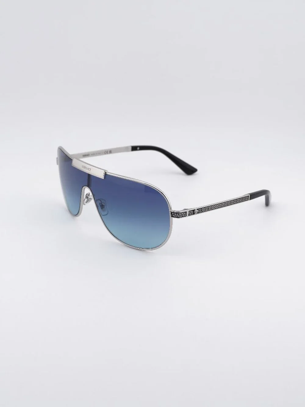 Versace VE2293 100019 Shield Sunglasses - Silver Shield Frame, Blue Lenses
